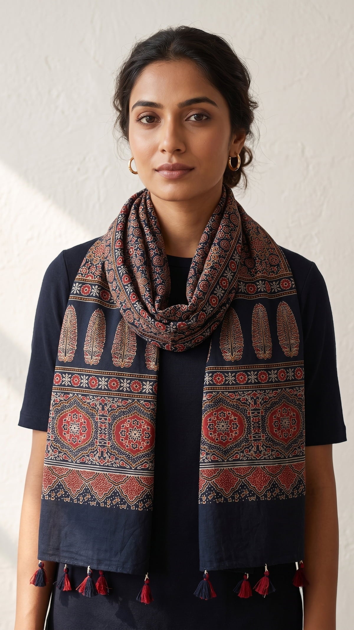 Black Ajrakh printed cotton stole ISAK16-07D — bold black with red maroon geometric motifs and tassels — Indiascarves