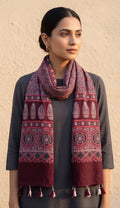 Maroon Ajrakh printed cotton stole ISAK16-07E — rich maroon with beige cream geometric patterns and tassels — Indiascarves