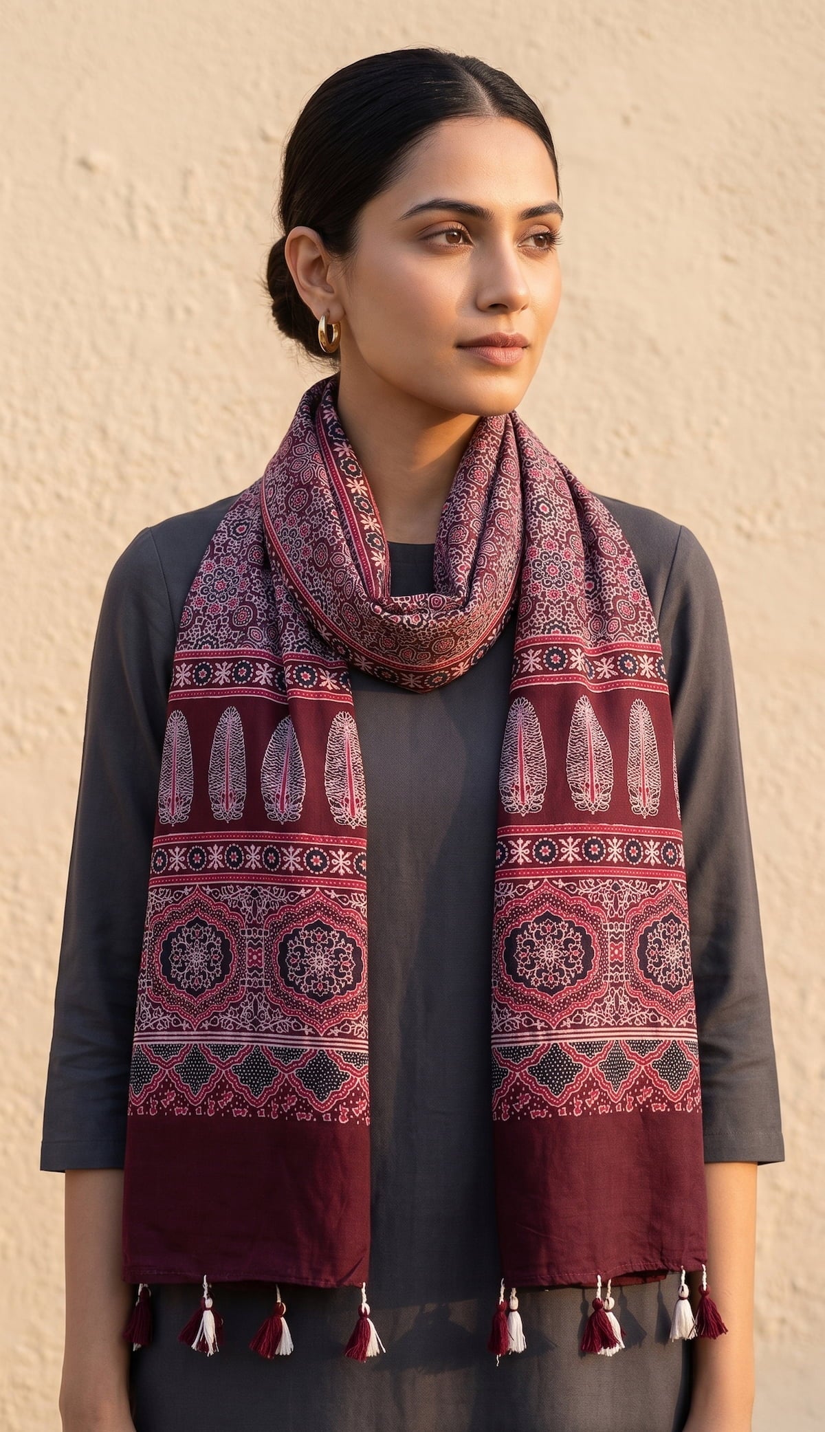 Maroon Ajrakh printed cotton stole ISAK16-07E — rich maroon with beige cream geometric patterns and tassels — Indiascarves