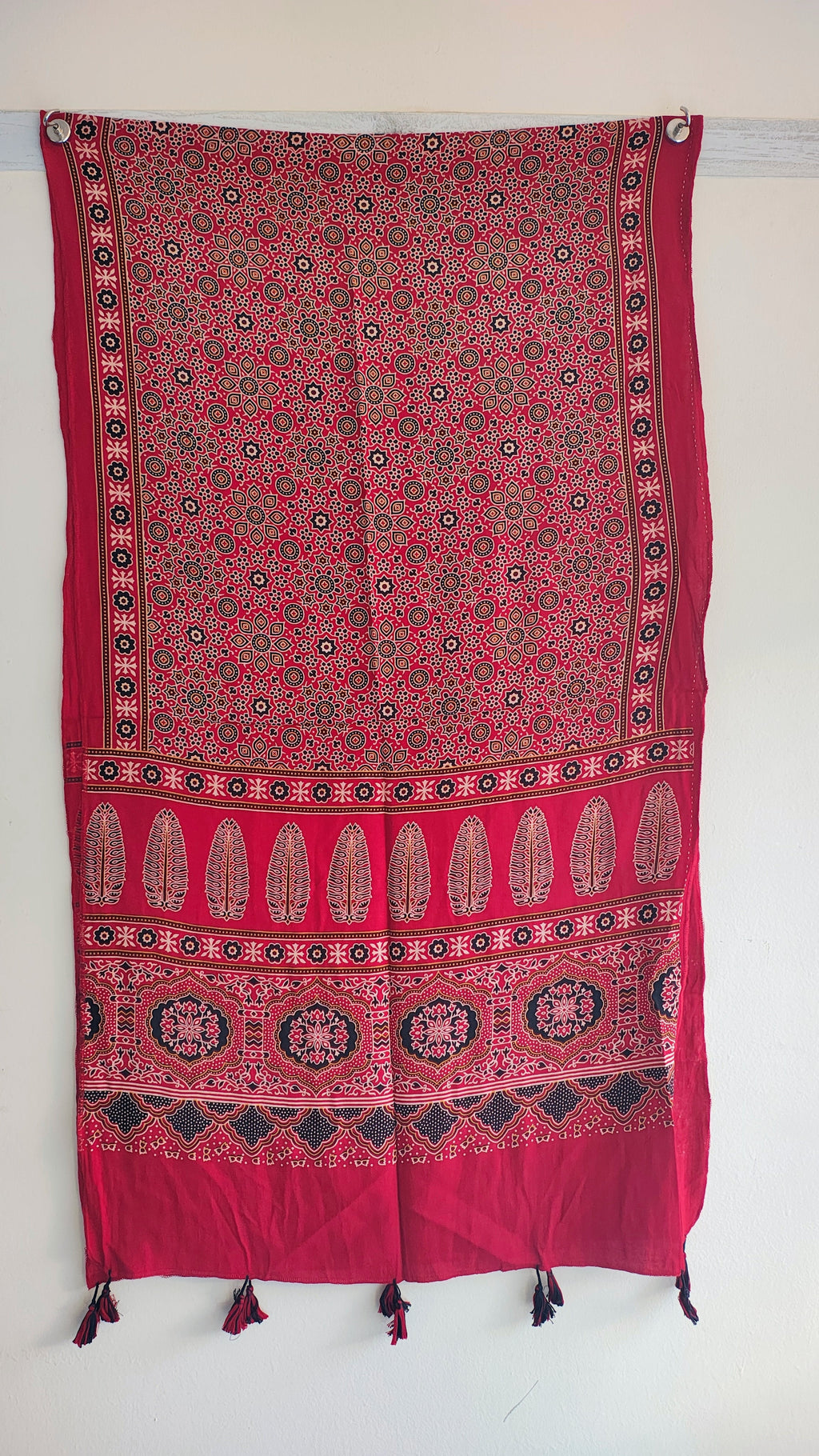 Red Ajrakh cotton stole ISAK16-07F — close-up of bold block print motifs — Indiascarves