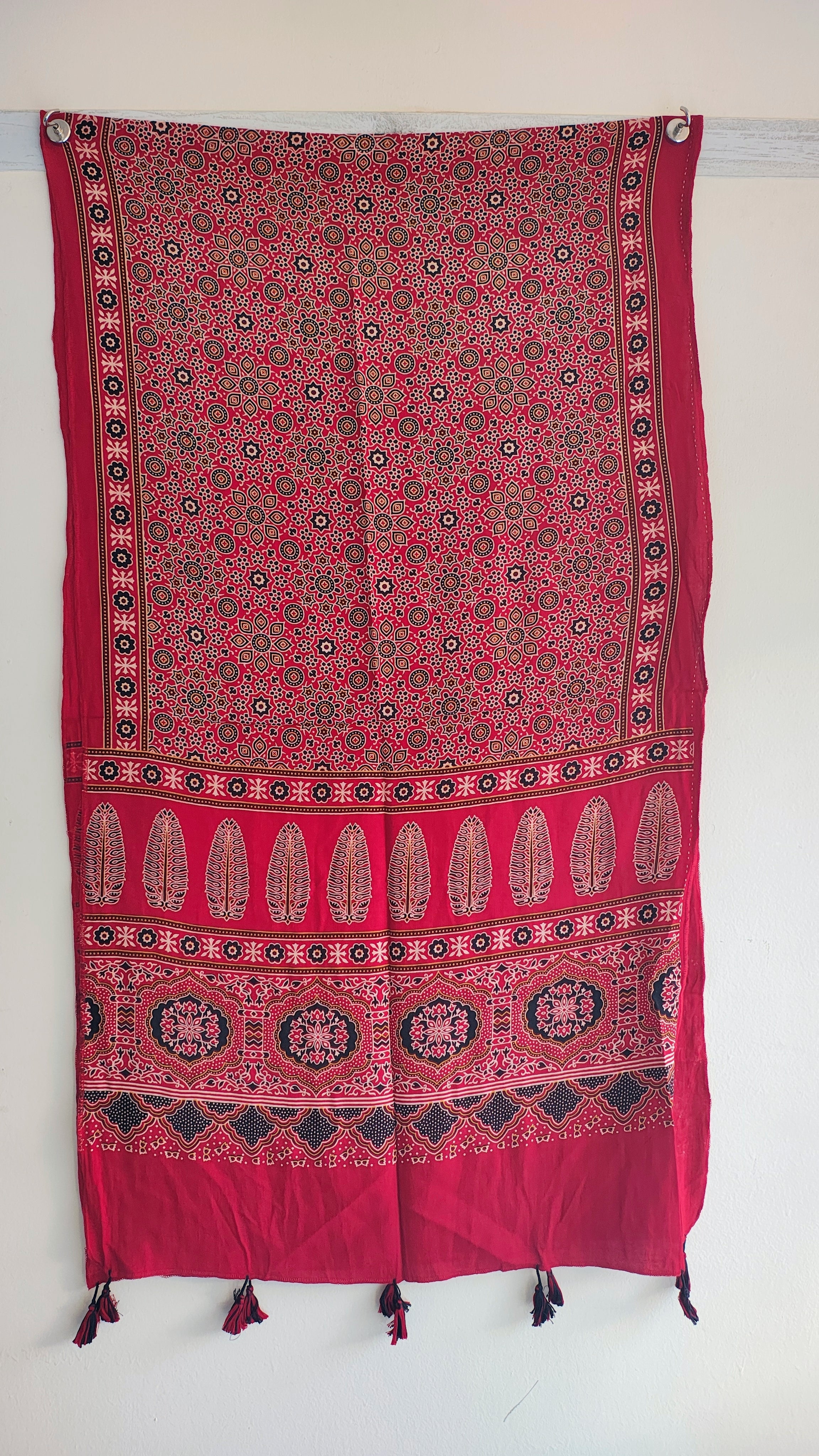 Red Ajrakh cotton stole ISAK16-07F — close-up of bold block print motifs — Indiascarves