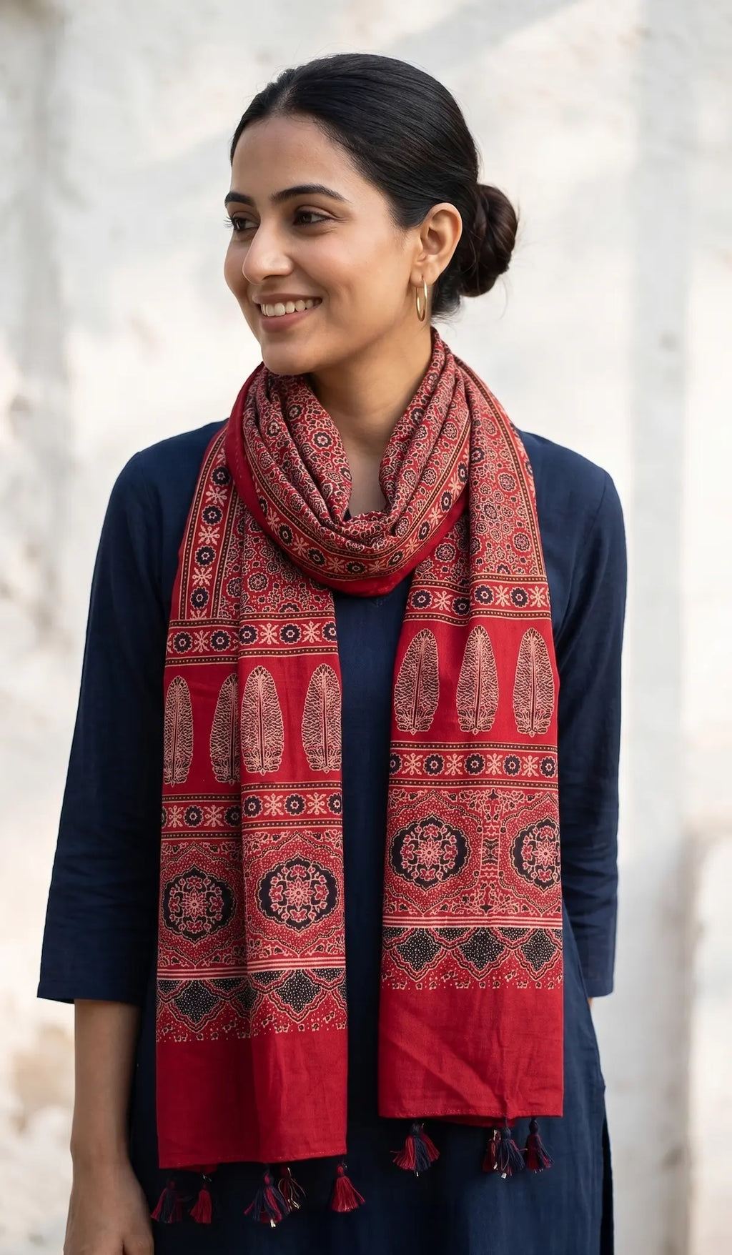 Red Ajrakh printed cotton stole ISAK16-07F — vibrant red with navy blue cream geometric motifs and tassels — Indiascarves
