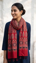 Red Ajrakh printed cotton stole ISAK16-07F — vibrant red with navy blue cream geometric motifs and tassels — Indiascarves