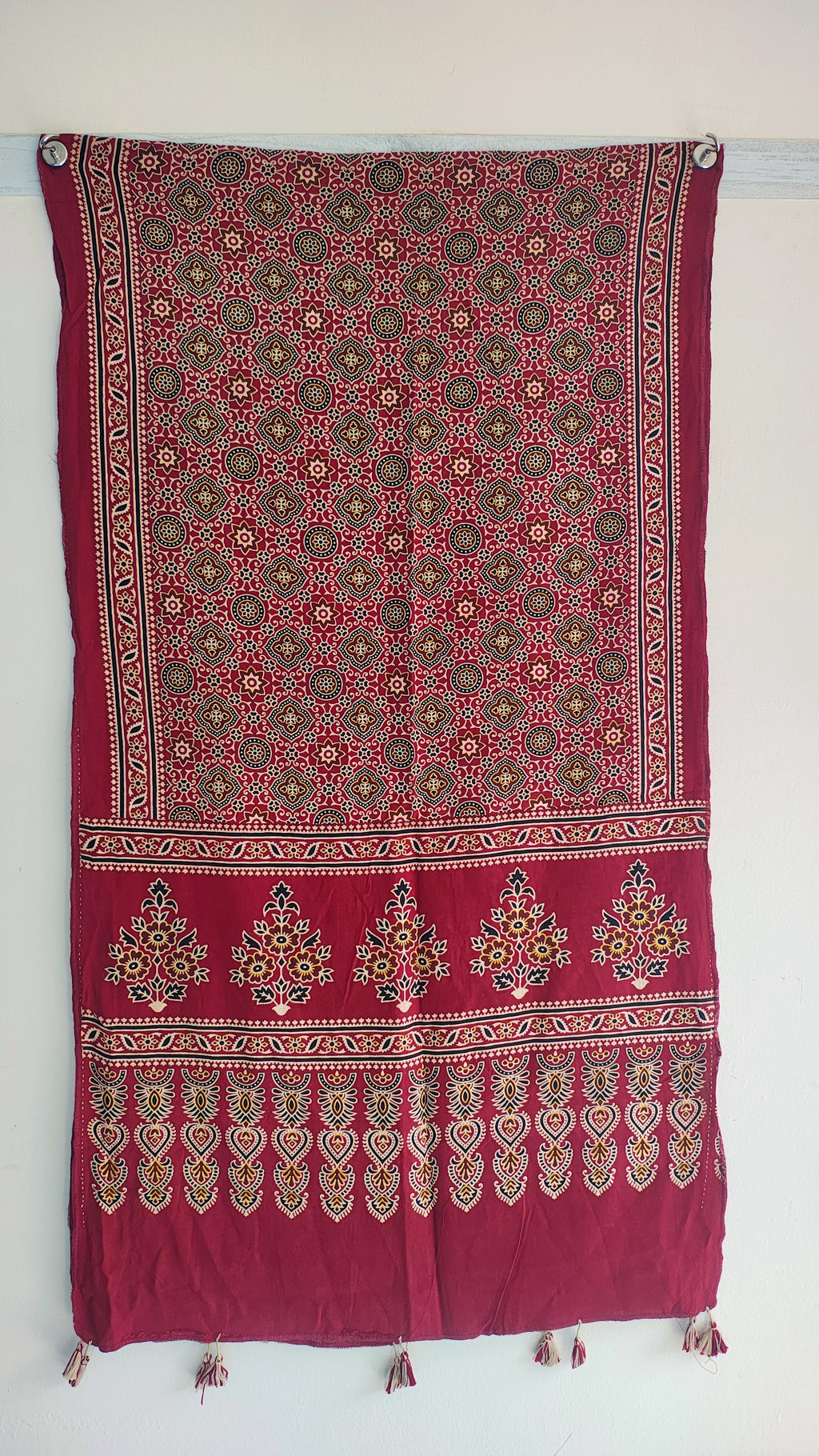 Maroon Ajrakh cotton stole ISAK16-08A — close-up of intricate block print medallion patterns — Indiascarves
