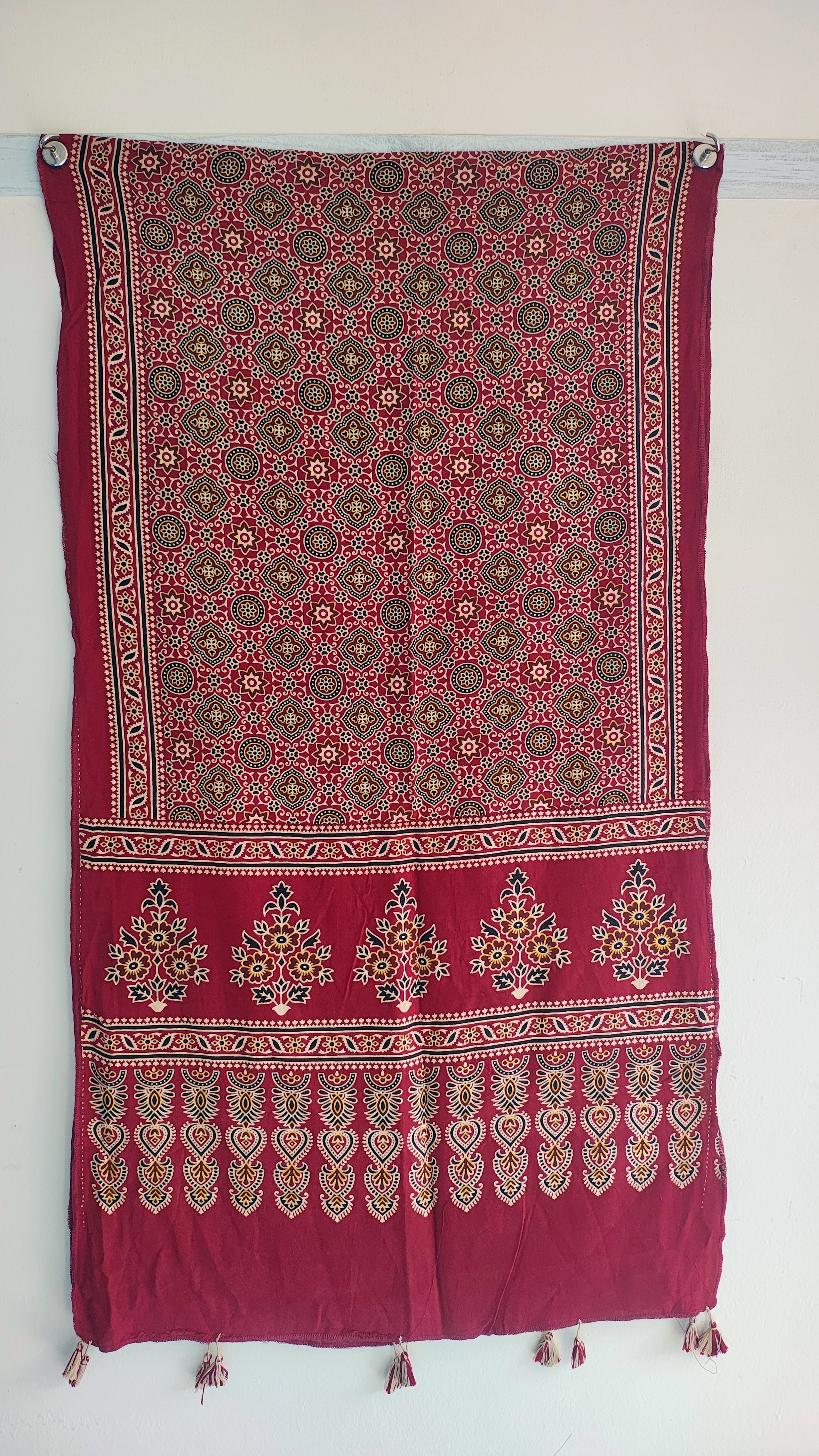 Maroon Ajrakh cotton stole ISAK16-08A — close-up of intricate block print medallion patterns — Indiascarves