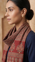 Maroon Ajrakh printed cotton stole ISAK16-08A — rich maroon with beige cream floral motifs and tassels — Indiascarves