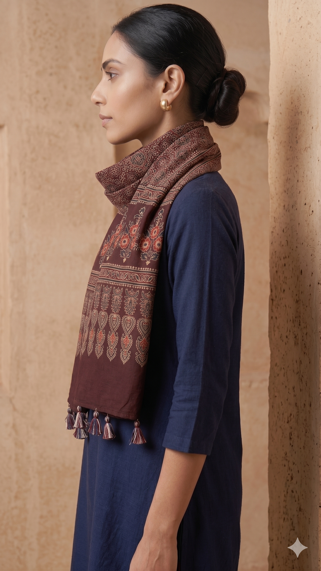 Brown Ajrakh cotton stole ISAK16-08B worn by model — Kutch hand block print ethnic scarf — Indiascarves