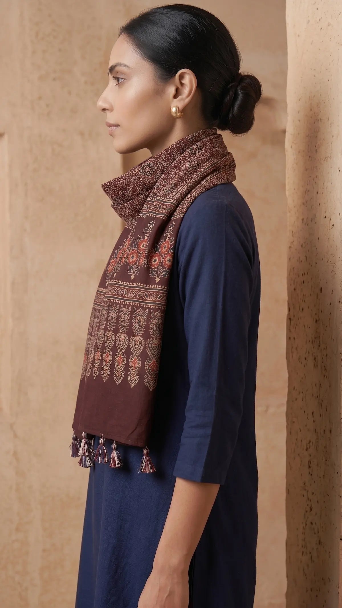 Brown Ajrakh printed cotton stole ISAK16-08B — 55x210 cm traditional Indian dupatta with tassel ends — Indiascarves