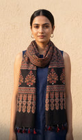Black Ajrakh printed cotton stole ISAK16-08C — bold black with red orange geometric motifs and tassels — Indiascarves