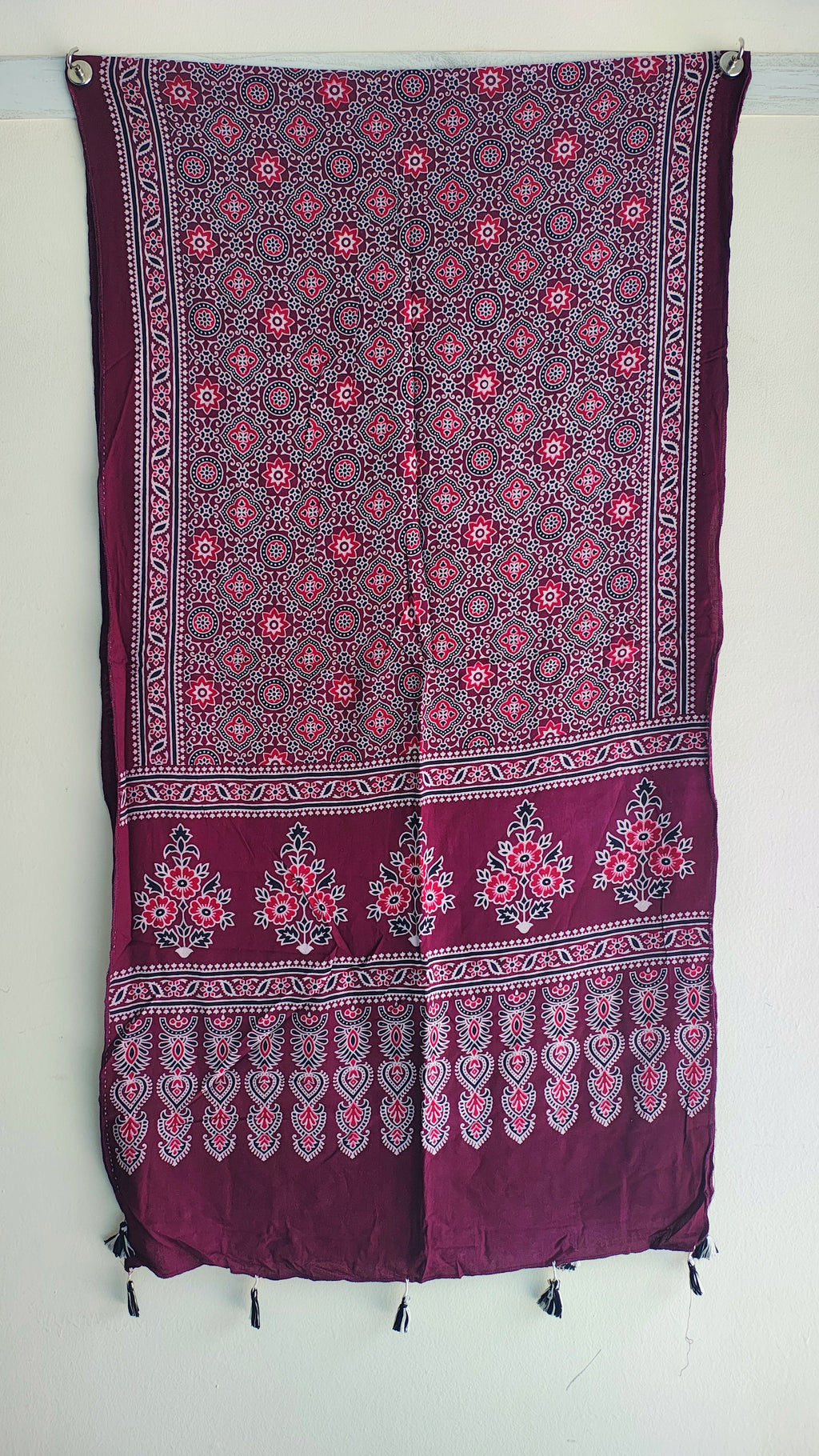 Black Ajrakh cotton stole ISAK16-08D — close-up of multicolour block print motifs — Indiascarves