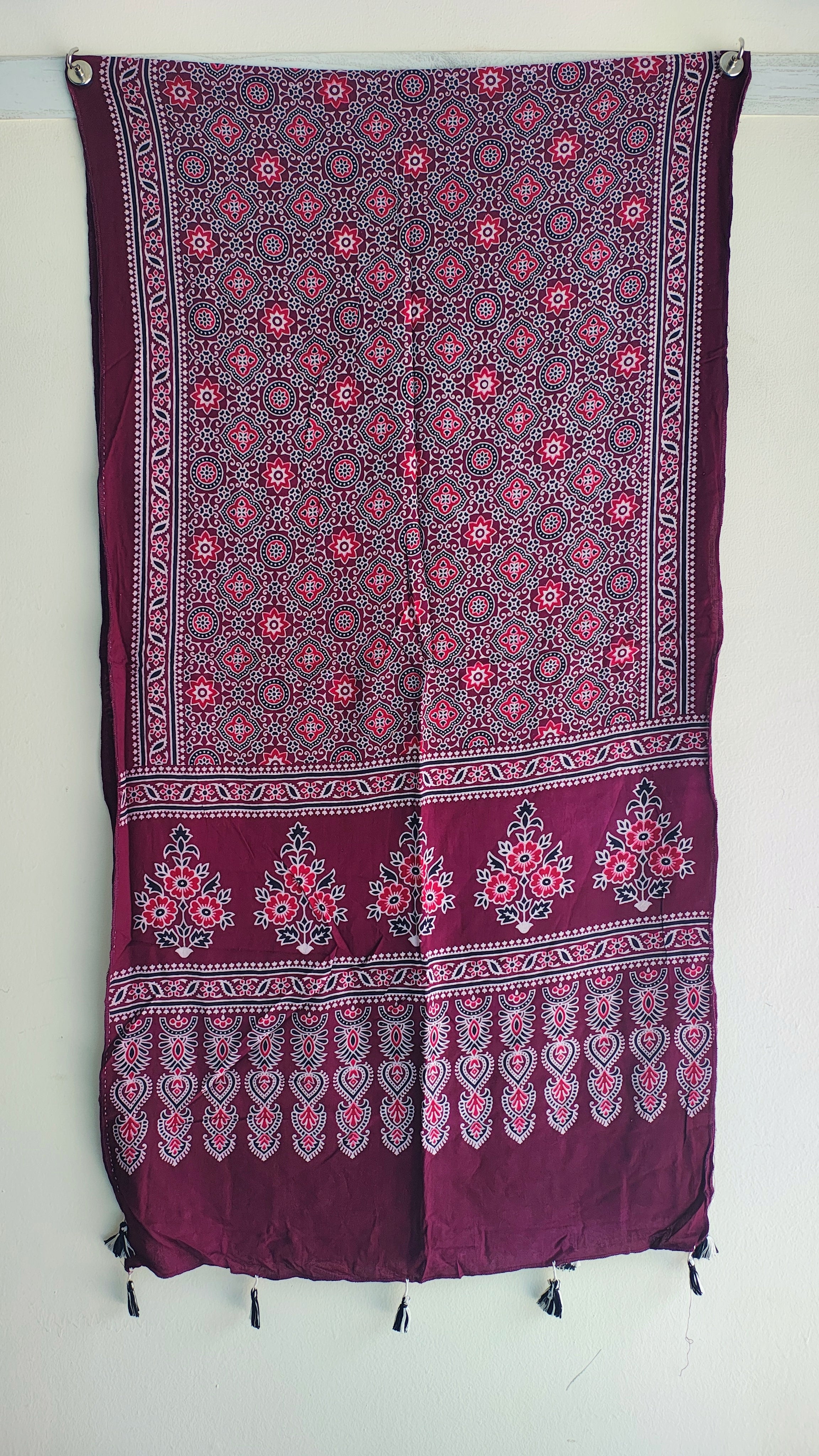 Black Ajrakh cotton stole ISAK16-08D — close-up of multicolour block print motifs — Indiascarves