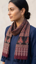 Black Ajrakh printed cotton stole ISAK16-08D — bold black with red maroon geometric motifs and tassels — Indiascarves