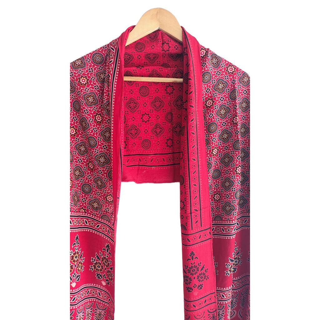 Ajrakh Printed Cotton Stole for Women | Red Ethnic Scarf with Tassels | 55x210 cm | Traditional Indian Dupatta