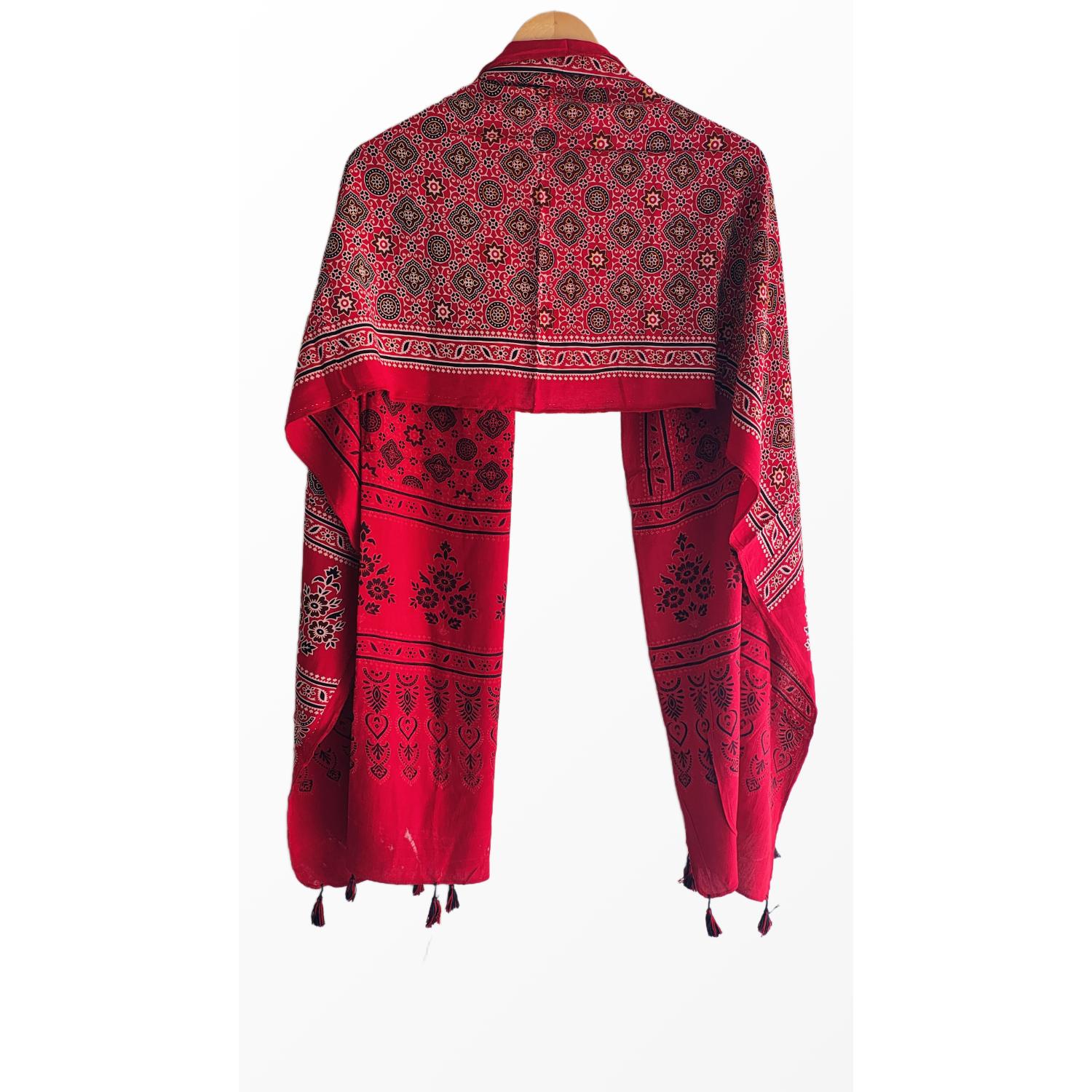 Ajrakh Printed Cotton Stole for Women | Red Ethnic Scarf with Tassels | 55x210 cm | Traditional Indian Dupatta