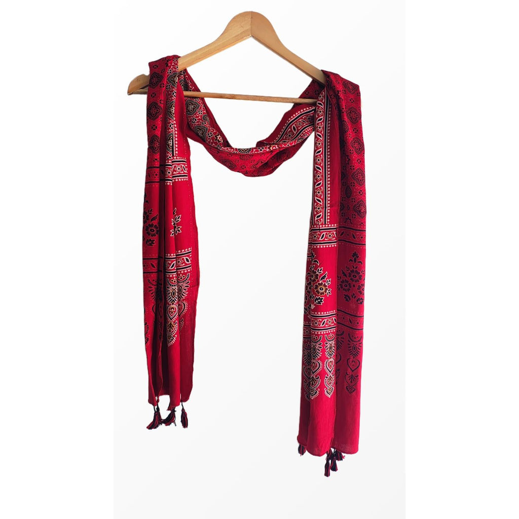 Ajrakh Printed Cotton Stole for Women | Red Ethnic Scarf with Tassels | 55x210 cm | Traditional Indian Dupatta