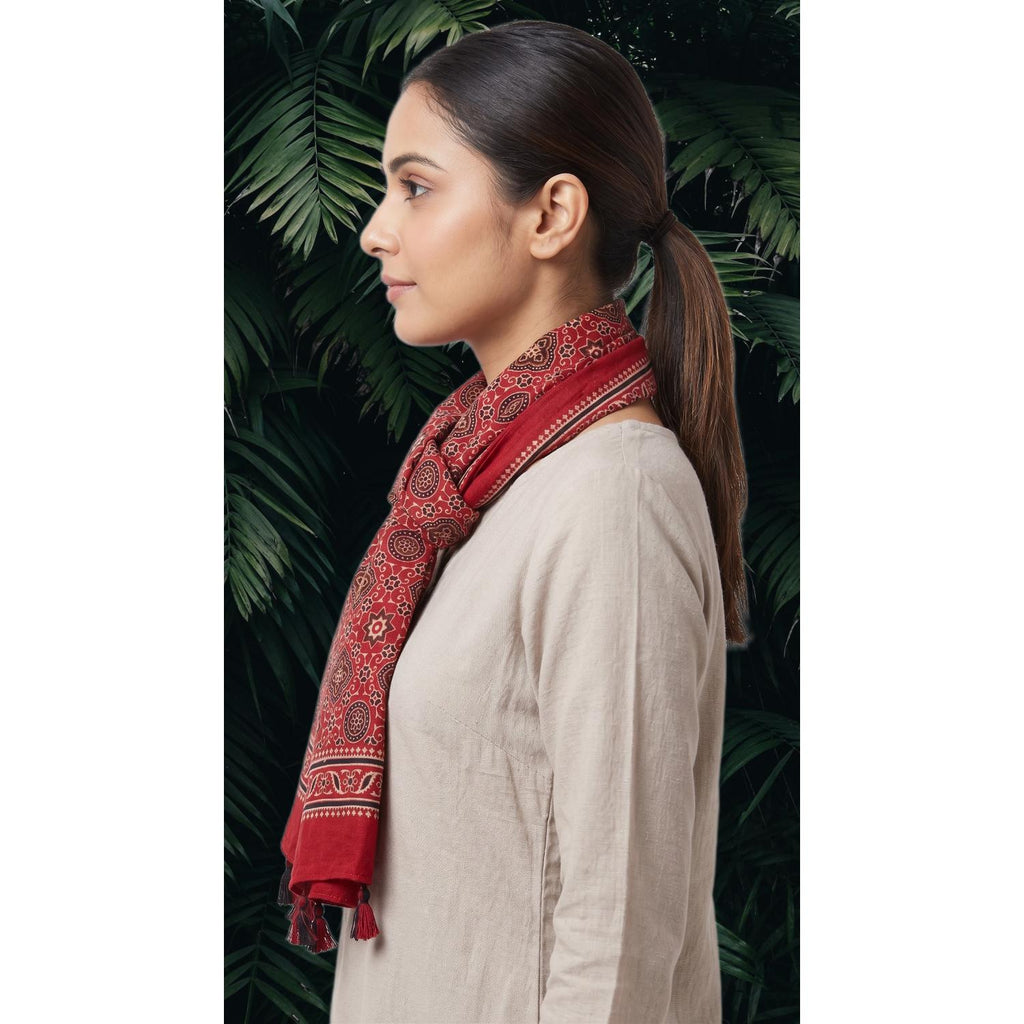 Red Ajrakh cotton stole ISAK16-08E worn by model — vibrant Kutch hand block print ethnic scarf — Indiascarves