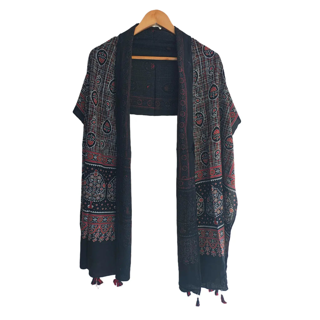 Black Ajrakh printed cotton stole ISAK16-09A draped — hand block print ethnic scarf with tassel ends — Indiascarves