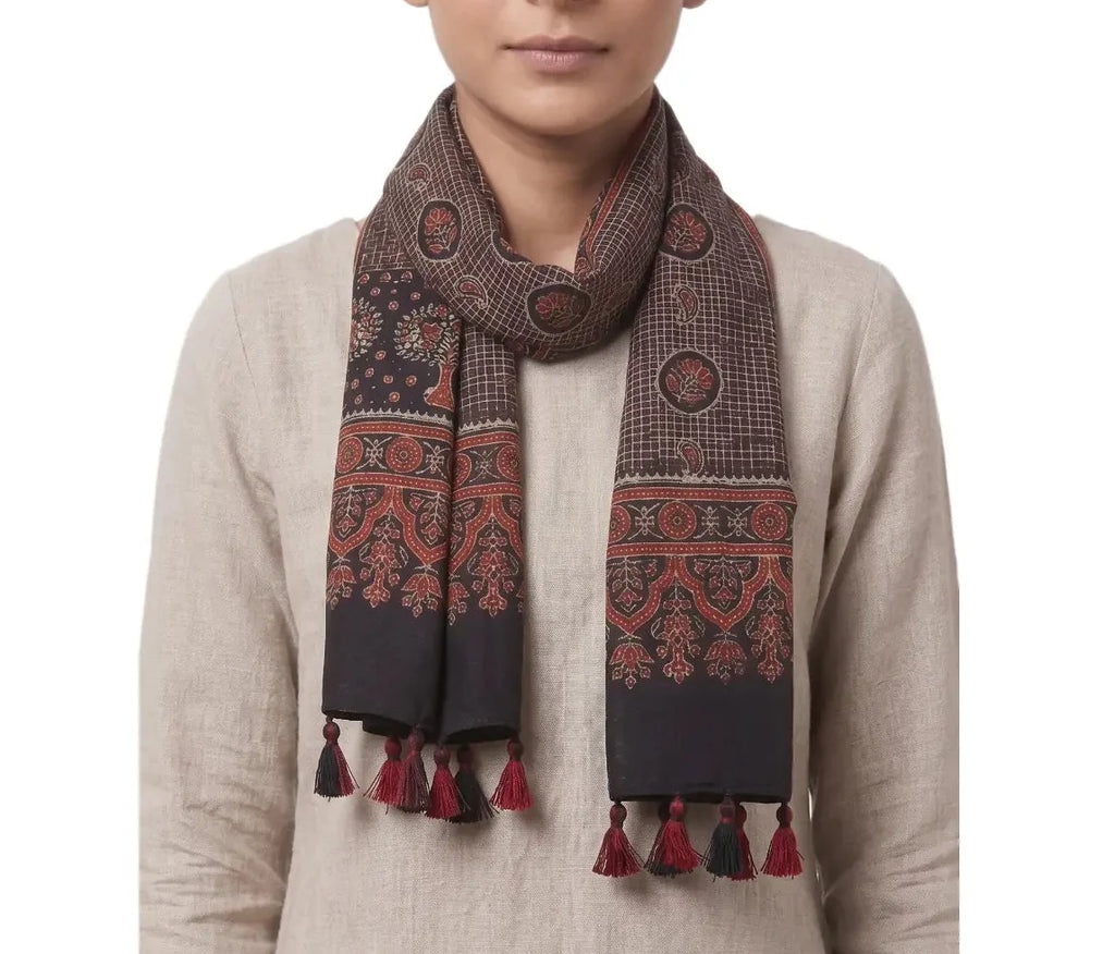 Black Ajrakh printed cotton stole ISAK16-09A — bold black with red cream geometric motifs and tassels — Indiascarves