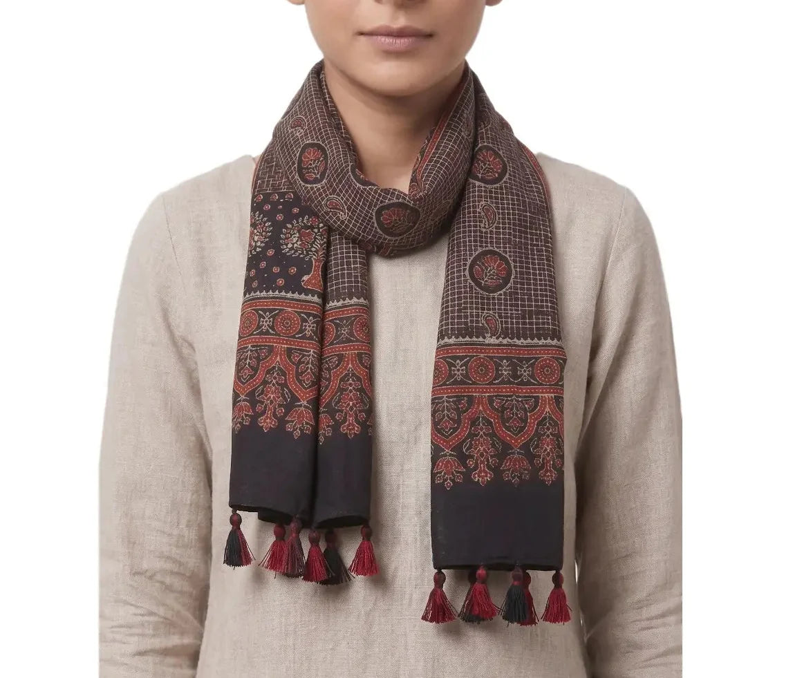 Black Ajrakh printed cotton stole ISAK16-09A — bold black with red cream geometric motifs and tassels — Indiascarves