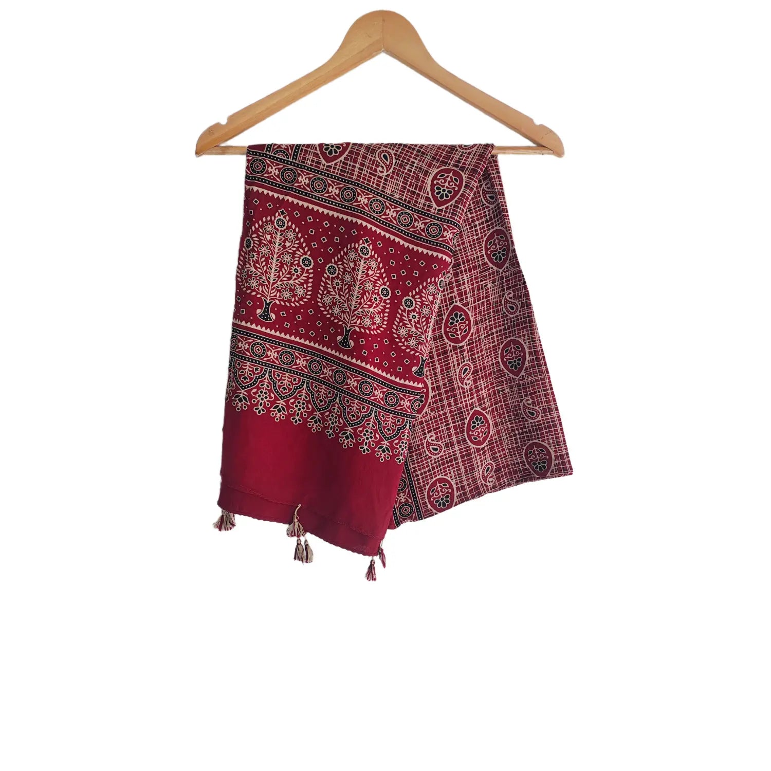 Maroon Ajrakh cotton stole ISAK16-09B — close-up of intricate block print motifs — Indiascarves