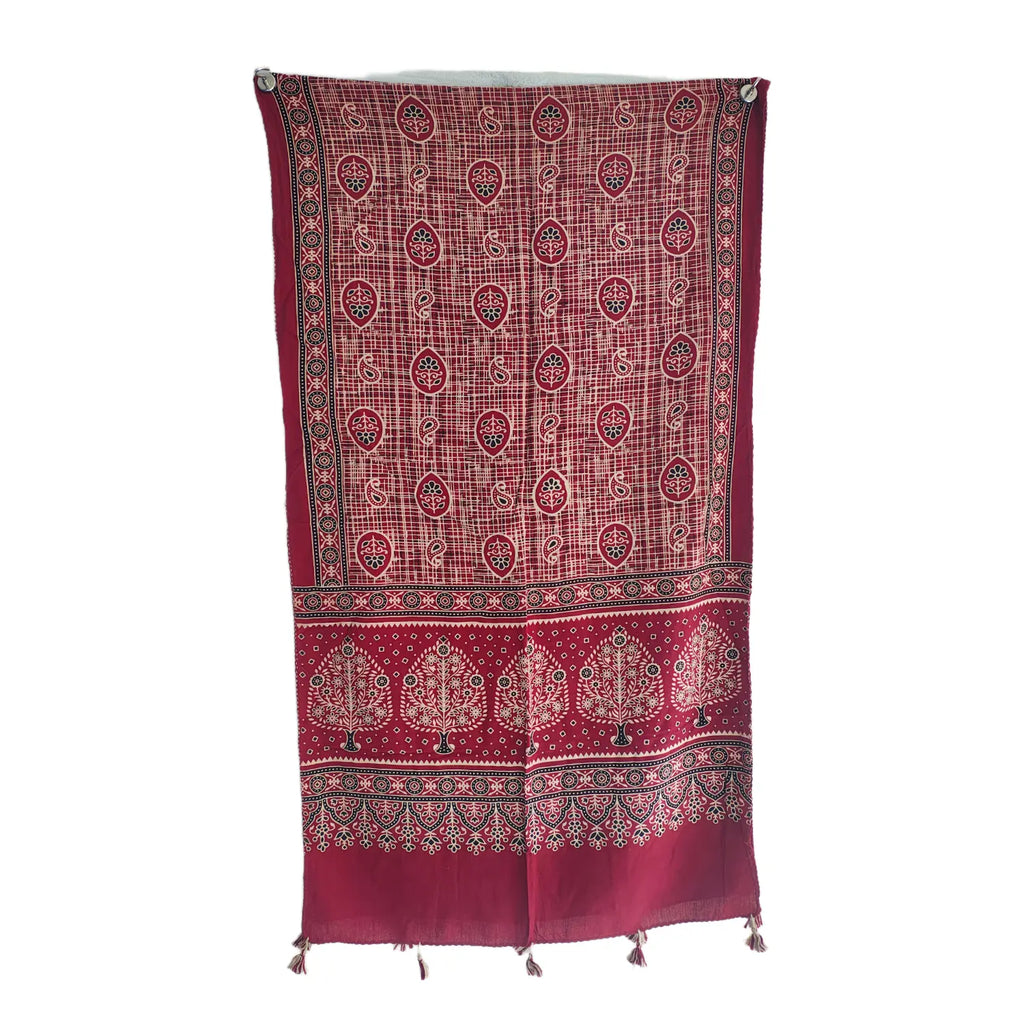 Maroon Ajrakh printed cotton stole ISAK16-09B draped — hand block print ethnic scarf 55x210 cm — Indiascarves