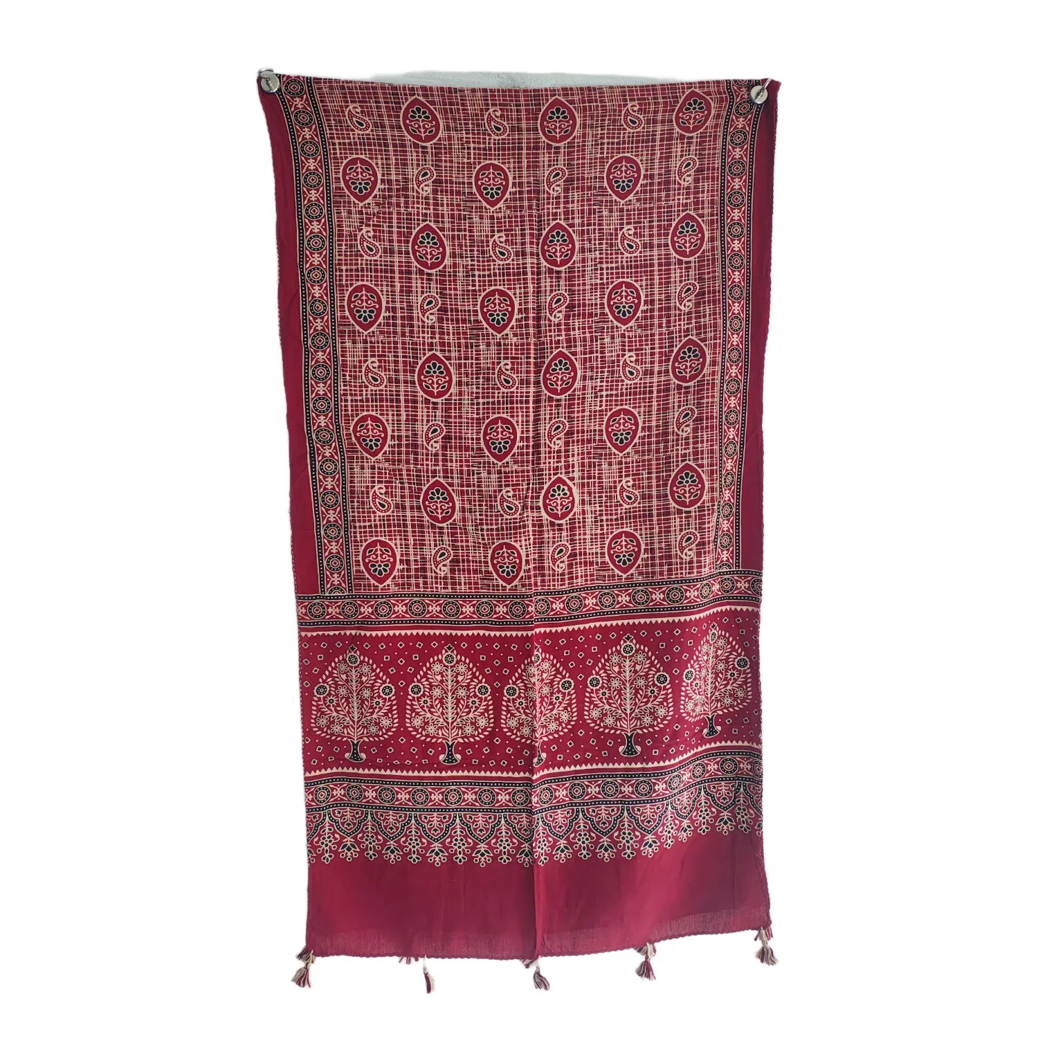 Maroon Ajrakh printed cotton stole ISAK16-09B draped — hand block print ethnic scarf 55x210 cm — Indiascarves
