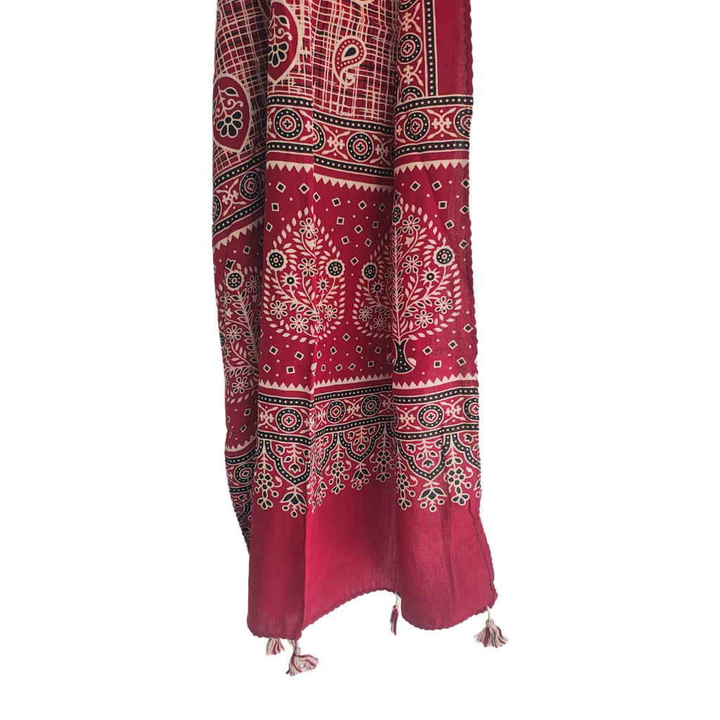 Ajrakh Printed Cotton Stole for Women | Maroon Ethnic Scarf with Tassels | 55x210 cm | Traditional Indian Dupatta