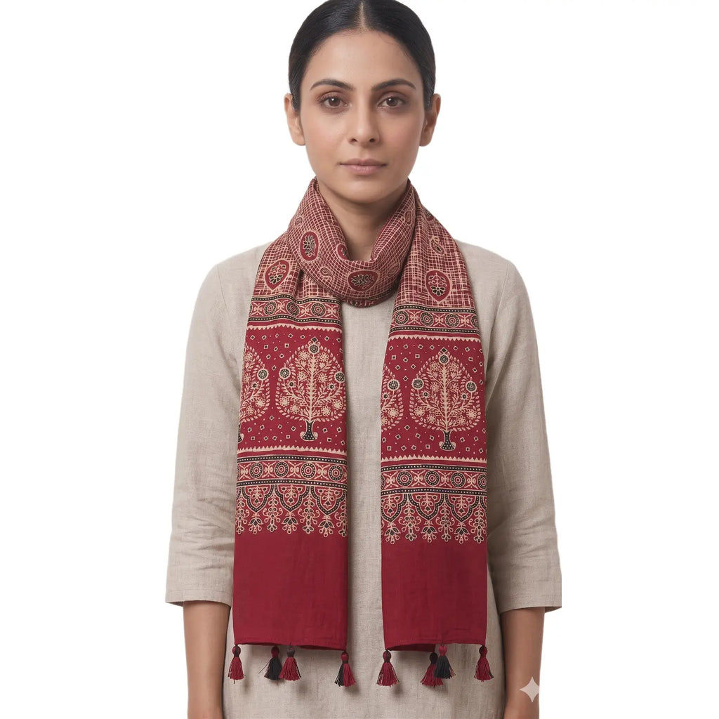 Maroon Ajrakh printed cotton stole ISAK16-09B — rich maroon with cream navy blue geometric motifs and tassels — Indiascarves