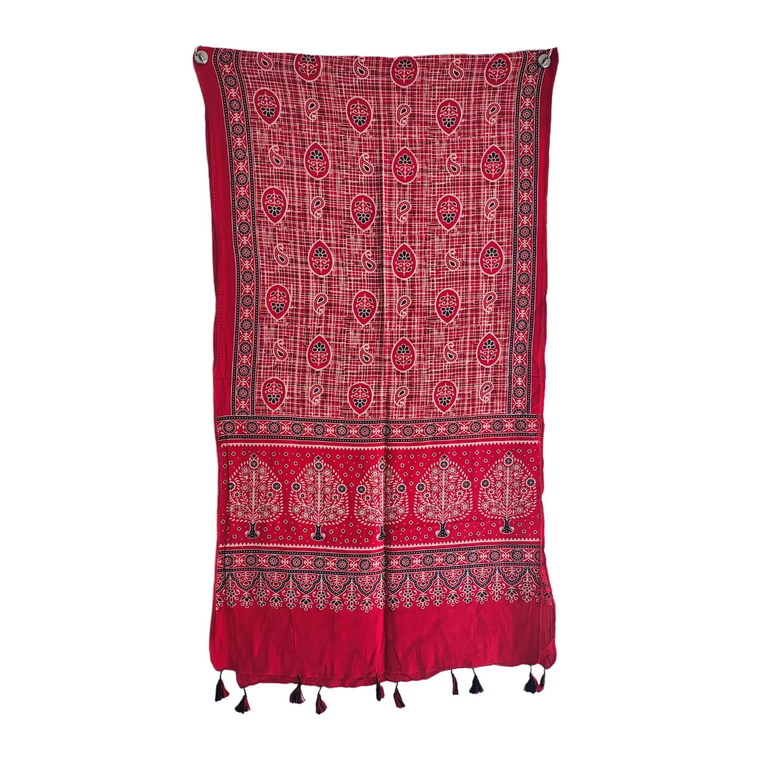 Red Ajrakh cotton stole ISAK16-09E — close-up of geometric block print motifs — Indiascarves