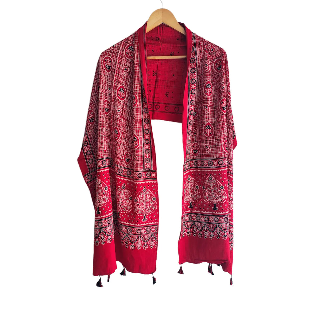 Red Ajrakh printed cotton stole ISAK16-09E draped — traditional Kutch ethnic scarf — Indiascarves