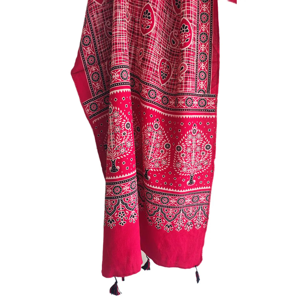 Ajrakh Printed Cotton Stole for Women | Red Ethnic Scarf with Tassels | 55x210 cm | Traditional Indian Dupatta