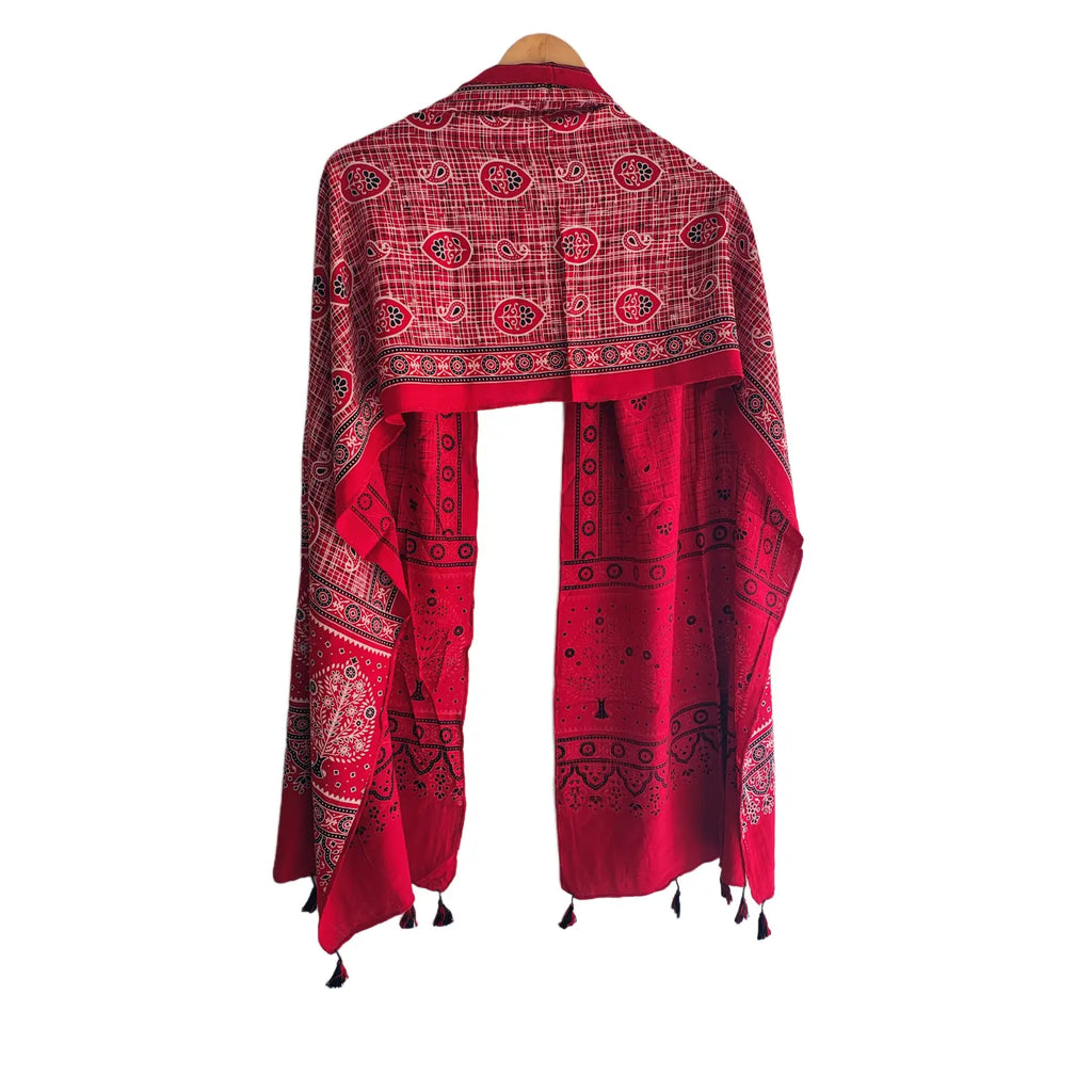 Ajrakh Printed Cotton Stole for Women | Red Ethnic Scarf with Tassels | 55x210 cm | Traditional Indian Dupatta