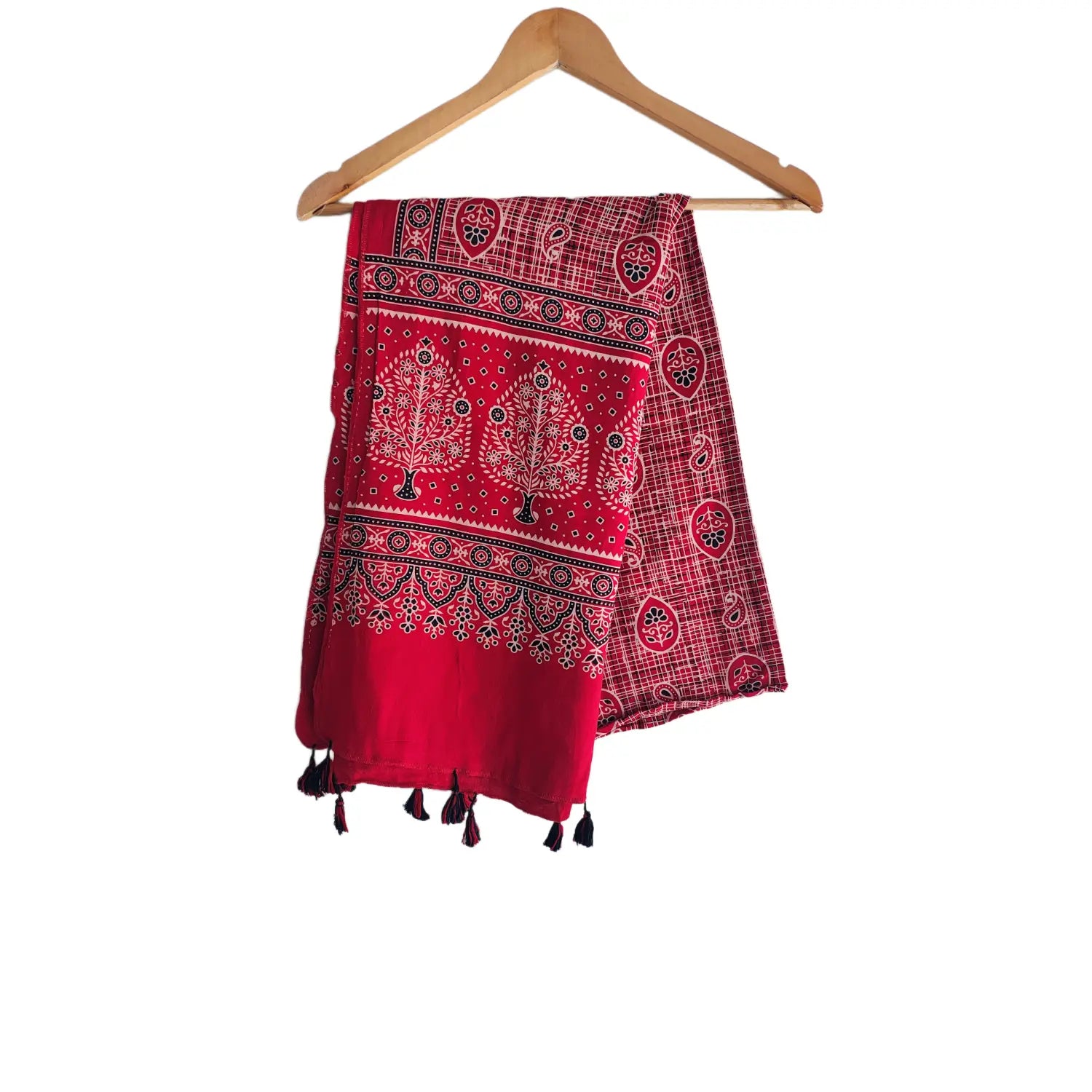 Ajrakh Printed Cotton Stole for Women | Red Ethnic Scarf with Tassels | 55x210 cm | Traditional Indian Dupatta