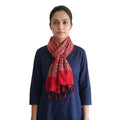 Red Ajrakh printed cotton stole ISAK16-09E — bright red with navy blue cream motifs and tassels — Indiascarves