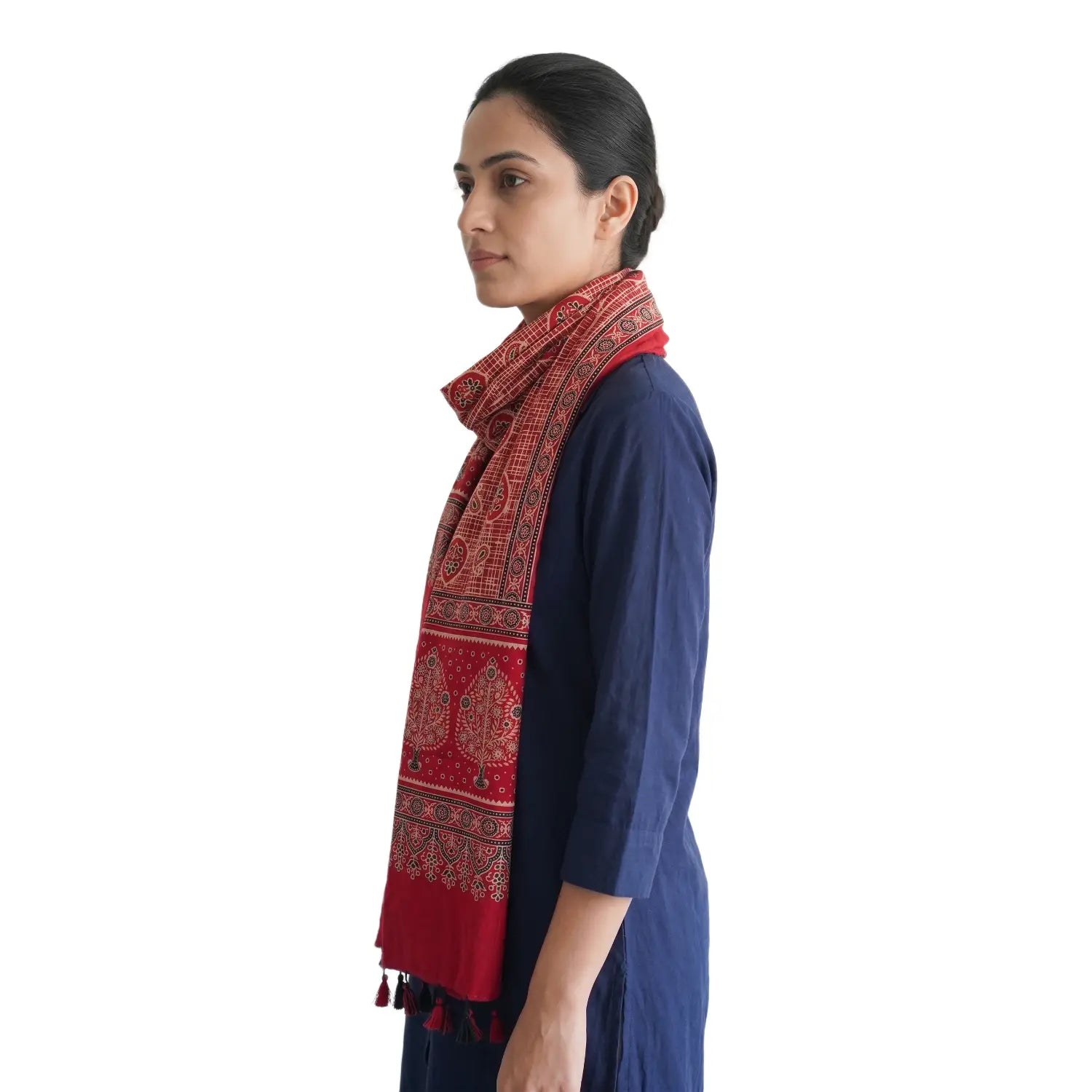 Red Ajrakh cotton stole ISAK16-09E worn by model — Kutch hand block print ethnic scarf — Indiascarves