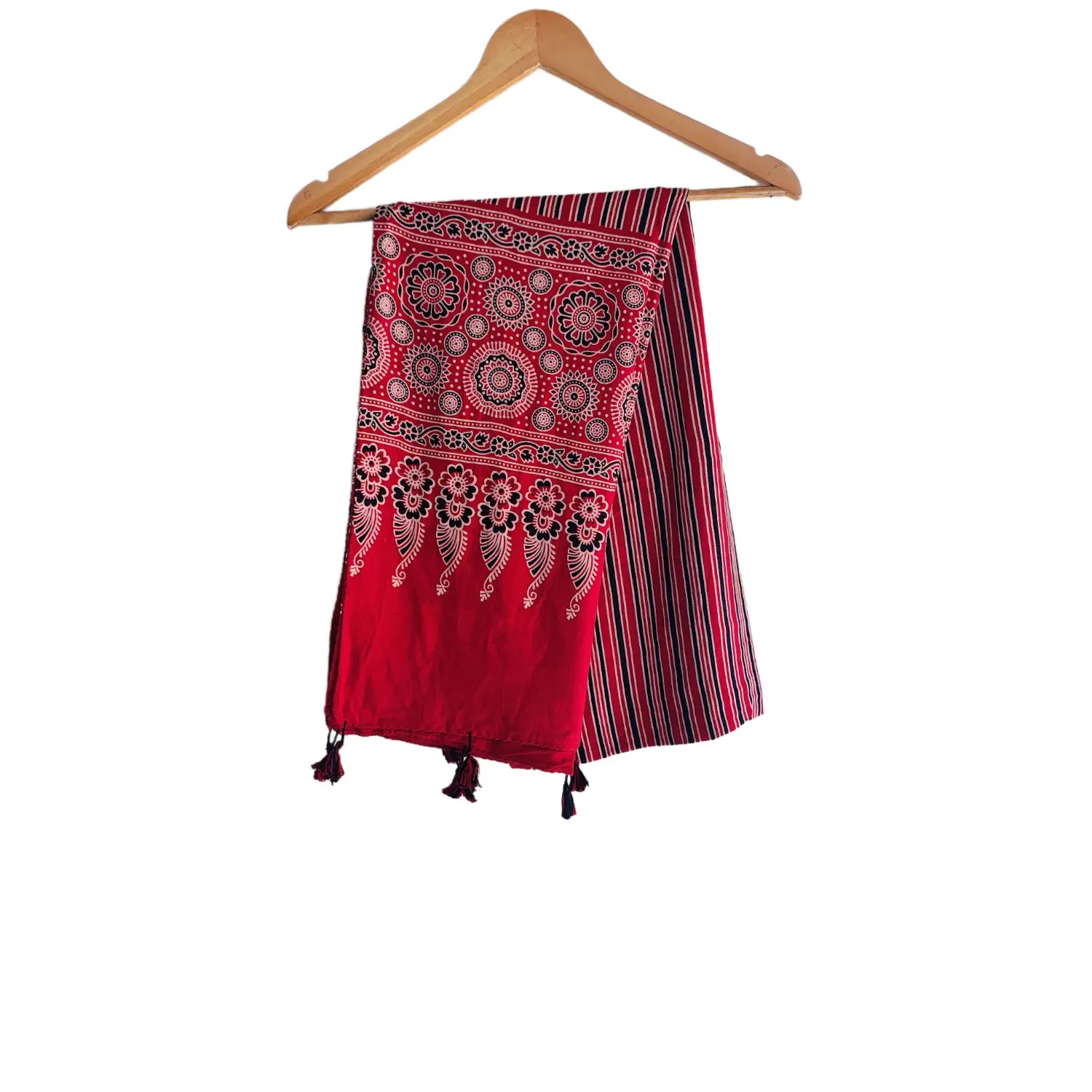 Red Ajrakh cotton stole ISAK16-10A — close-up of bold block print patterns — Indiascarves
