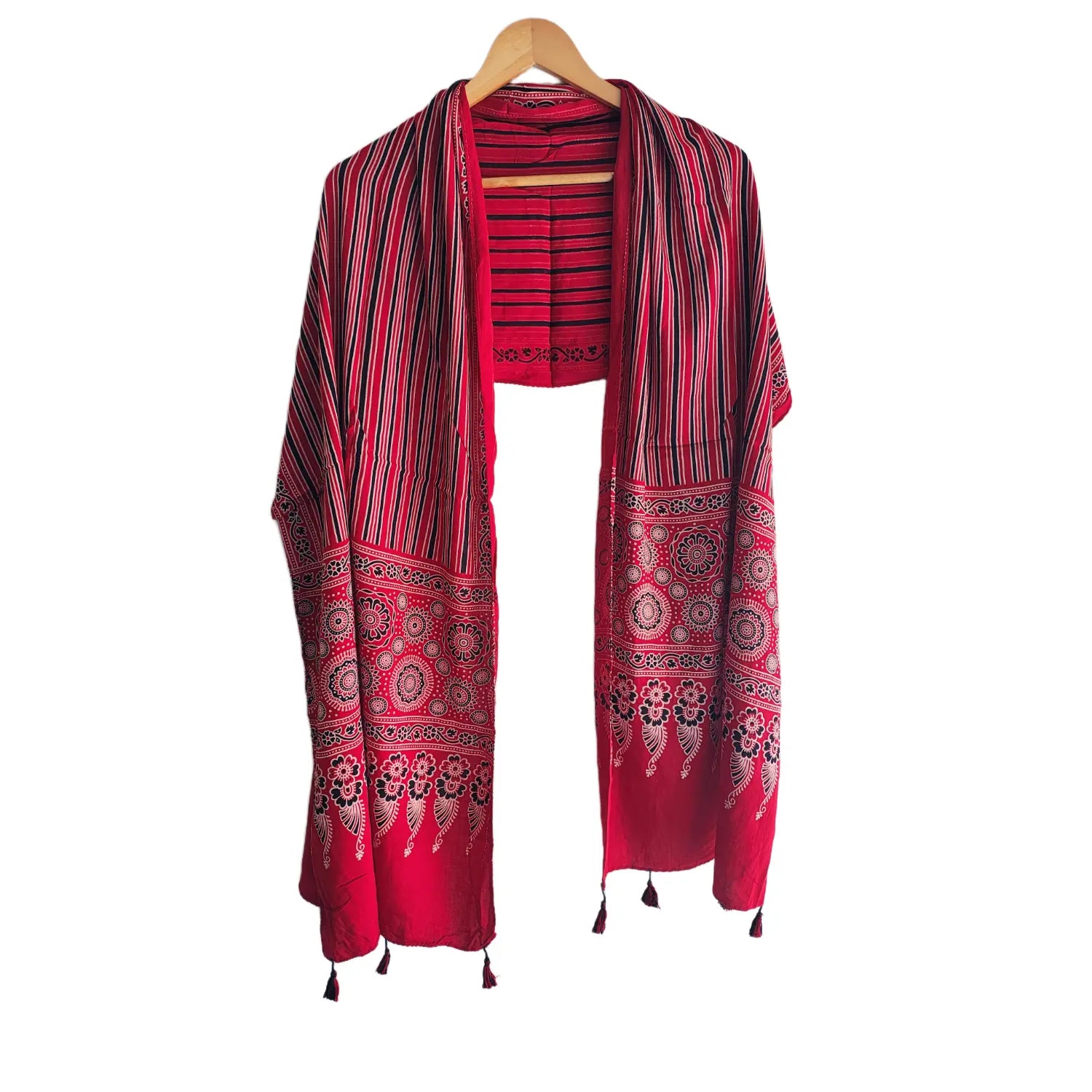 Red Ajrakh printed cotton stole ISAK16-10A draped — hand block print ethnic scarf with tassel ends — Indiascarves