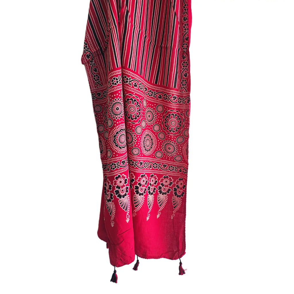 Ajrakh Printed Cotton Stole for Women | Red Ethnic Scarf with Tassels | 55x210 cm | Traditional Indian Dupatta