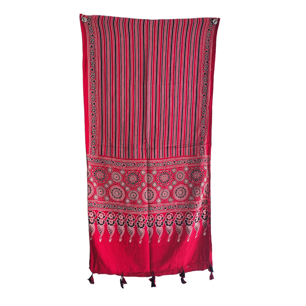 Ajrakh Printed Cotton Stole for Women | Red Ethnic Scarf with Tassels | 55x210 cm | Traditional Indian Dupatta