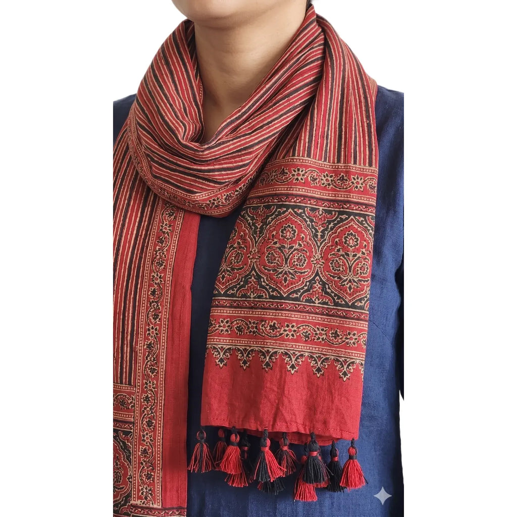 Red Ajrakh cotton stole ISAK16-10A worn by model — Kutch hand block print ethnic scarf — Indiascarves