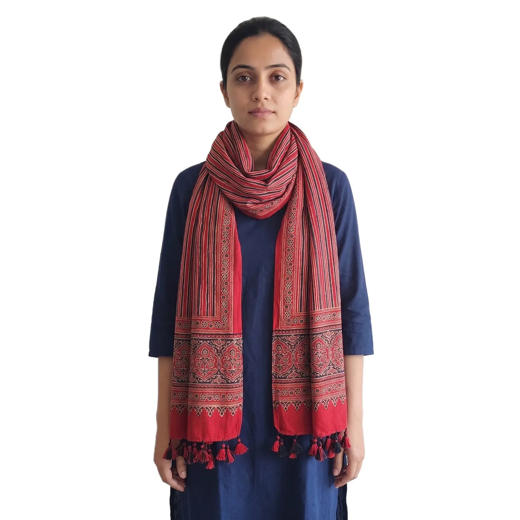 Red Ajrakh printed cotton stole ISAK16-10A — vibrant red with navy cream striped geometric motifs and tassels — Indiascarves