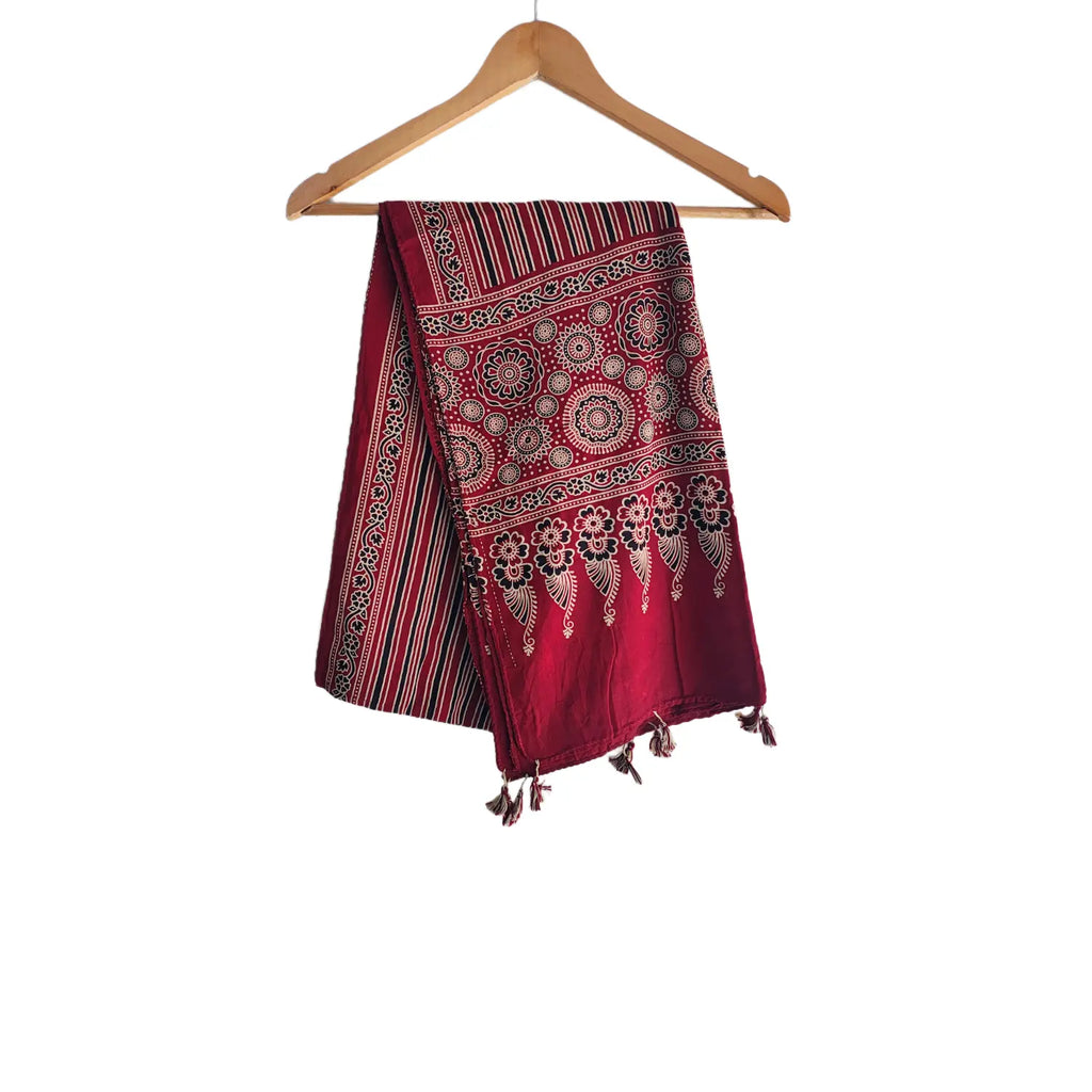 Maroon Ajrakh cotton stole ISAK16-10B — close-up of intricate block print patterns — Indiascarves