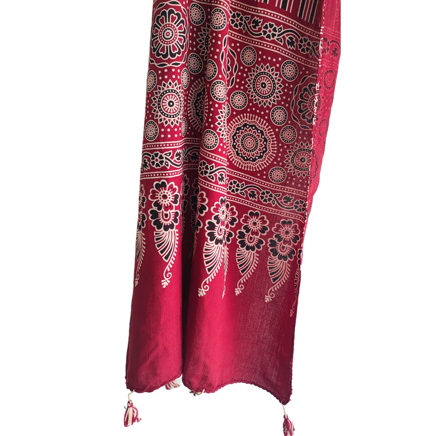 Ajrakh Printed Cotton Stole for Women | Maroon Ethnic Scarf with Tassels | 55x210 cm | Traditional Indian Dupatta