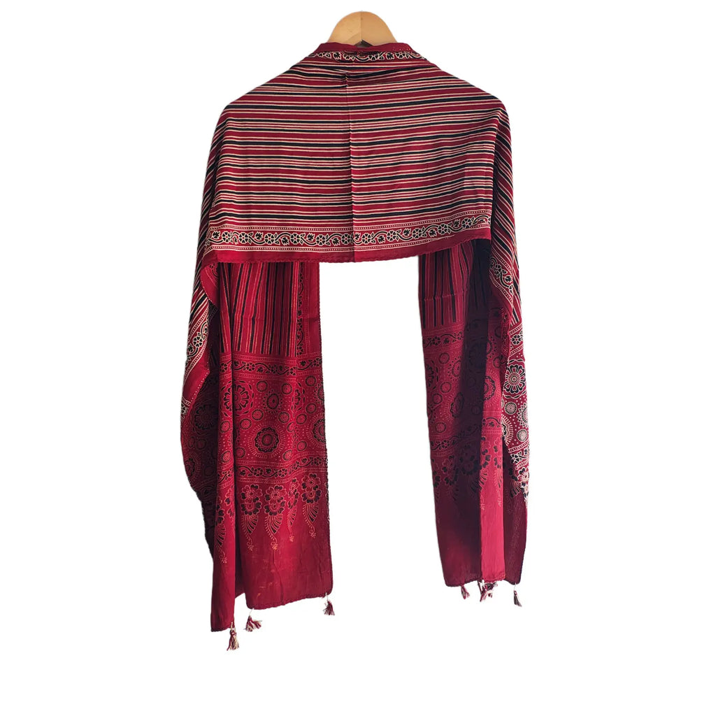 Ajrakh Printed Cotton Stole for Women | Maroon Ethnic Scarf with Tassels | 55x210 cm | Traditional Indian Dupatta