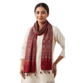 Maroon Ajrakh printed cotton stole ISAK16-10B — rich maroon with cream beige geometric motifs and tassels — Indiascarves