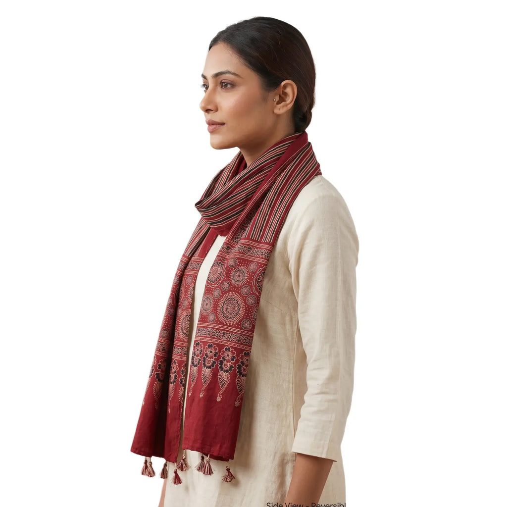 Maroon Ajrakh cotton stole ISAK16-10B worn by model — Kutch hand block print ethnic scarf — Indiascarves