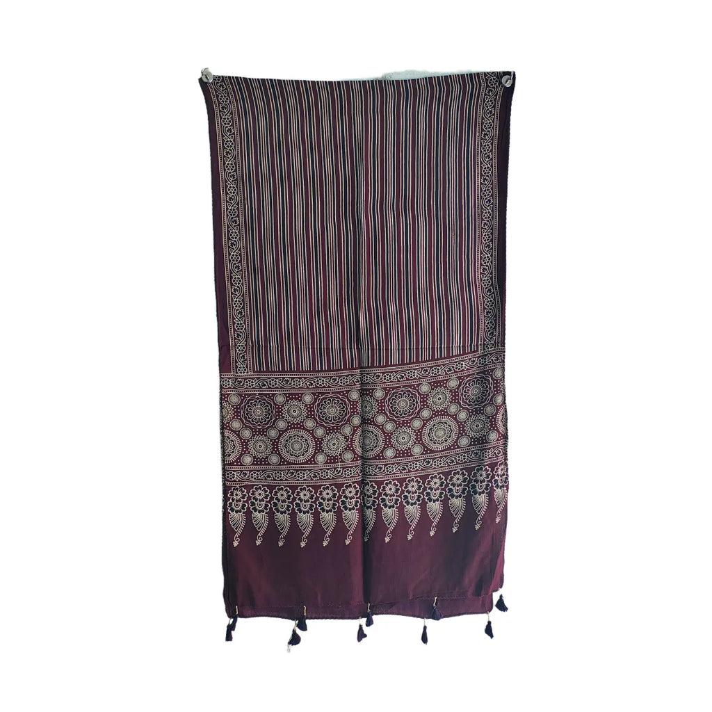 Ajrakh Printed Cotton Stole for Women | Black Ethnic Scarf with Tassels | 55x210 cm | Traditional Indian Dupatta