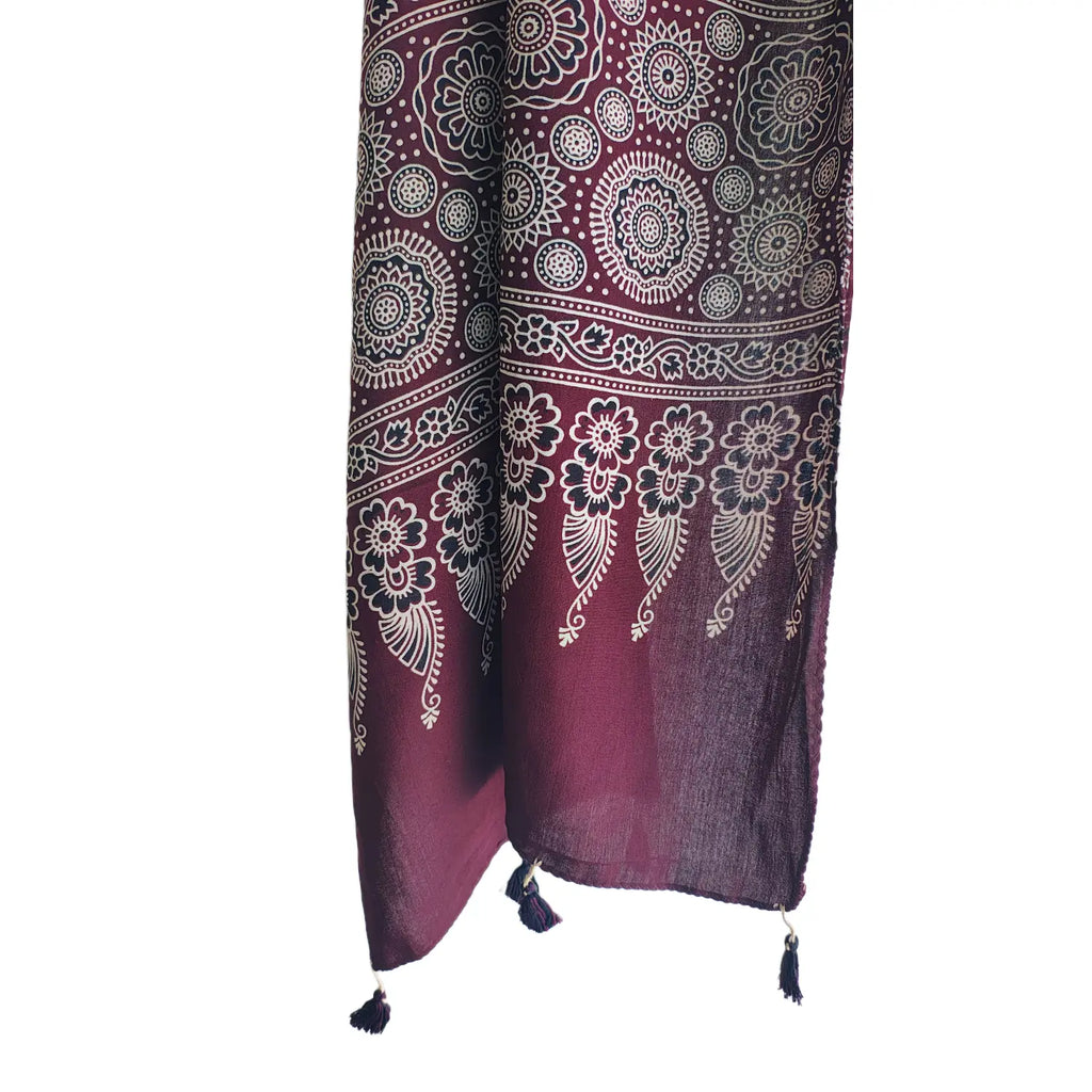 Ajrakh Printed Cotton Stole for Women | Black Ethnic Scarf with Tassels | 55x210 cm | Traditional Indian Dupatta