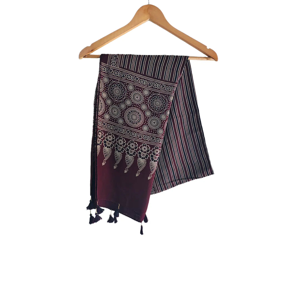 Black Ajrakh printed cotton stole ISAK16-10C — bold black with maroon cream geometric motifs and tassels — Indiascarves