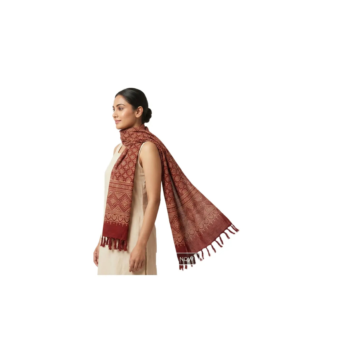 Ajrakh Printed Cotton Stole for Women | Maroon Ethnic Scarf with Tassels | 55x210 cm | Traditional Indian Dupatta